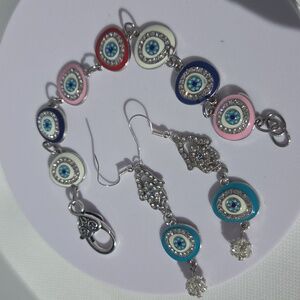 Evil Eye Charm Bracelet in Multicolor Charms and Earrings to Match.